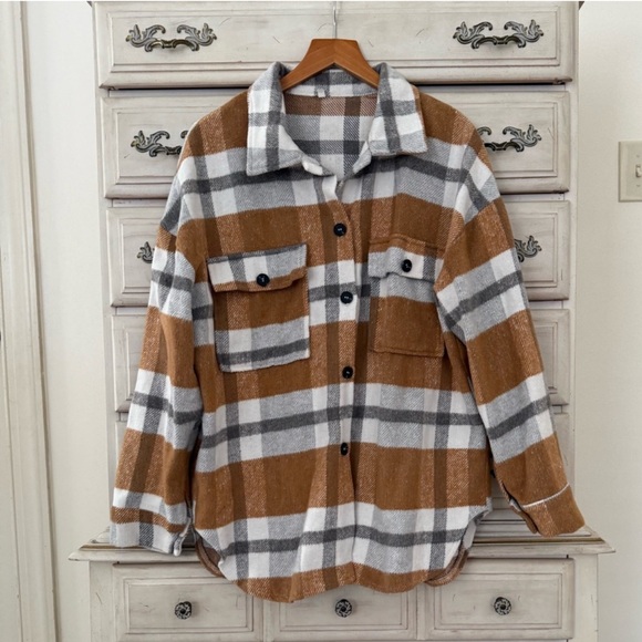 Vici Tops - Vici Plaid Shacket in Brown, White & Gray